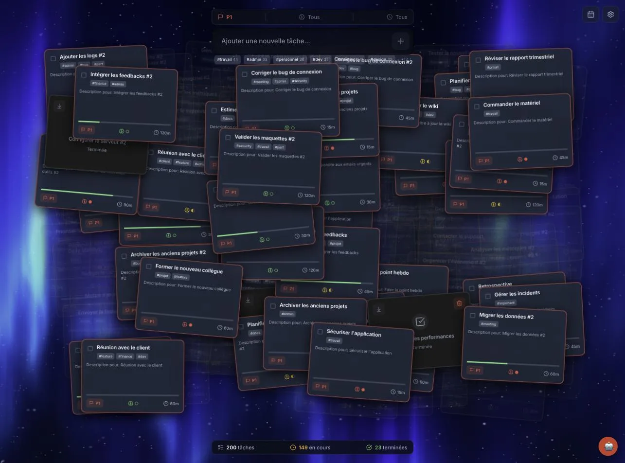FocusFlow main view: floating 3D task cards over an animated aurora background